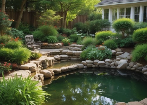 A rectangular water feature filled with lily pads and a few blooming pink lotus flowers is set in an outdoor space. Surrounding the pond are various green plants and shrubs, all backed by a red brick wall. Wooden benches are positioned nearby, suggesting a relaxing area.