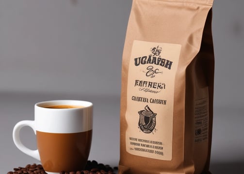 A hand holds a package of Trader Joe's Cameroon Mount Oku coffee, surrounded by lush green leaves. The coffee packaging features an abstract design with colors of blue, red, and gold, and provides details indicating it contains 100% Arabica whole bean coffee with flavor notes of honey, flower, sweet pepper, and chocolate.