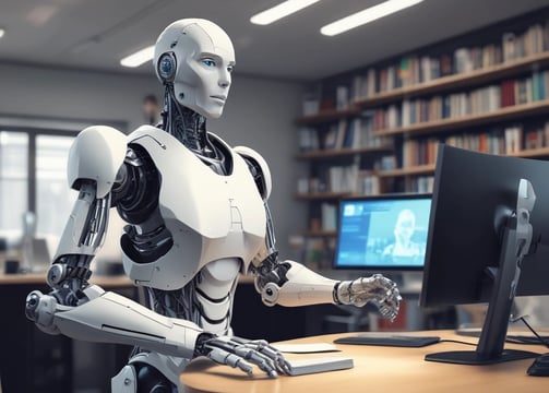 A small, round robot with a smooth white surface and blue accents operates a blue laptop on a sleek, floating platform. The robot has glowing eyes and an antenna on its head, with an 'AI' emblem on its front.