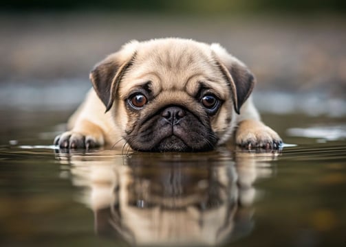 A Pug puppy sits in the water, its adorable face showing curiosity as it splashes gently with its pa