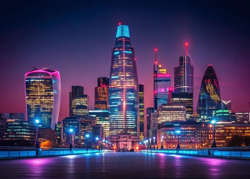 London skyline at night, illuminated buildings reflecting the vibrant city lights against a dark sky