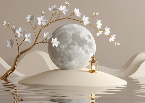 A serene island scene featuring a glowing moon above vibrant flowers, surrounded by calm water.