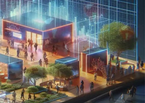 A modern exhibition space featuring interactive displays and informational panels predominantly in g