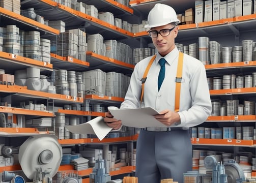 A warehouse interior featuring shelves stacked with cardboard boxes and packages, all organized neatly on wooden pallets. An orange forklift is parked on the concrete floor, illustrating a typical industrial storage scene.