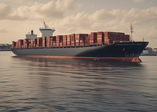 A large cargo ship is loaded with multiple shipping containers stacked high. Cranes labeled 'Terminal Burchardkai' are positioned above, suggesting the loading or unloading process is underway. The ship is sailing through a body of water with a cloudy sky overhead. The containers are colorful and bear various company logos.
