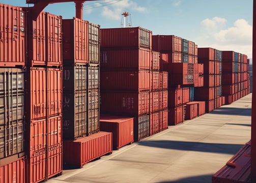 Several automated cargo trucks carrying shipping containers are lined up on a concrete port terminal. Numerous colorful stacked containers are visible in the background, suggesting a busy port. The ground is marked with shadows and tire tracks.