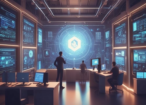 A futuristic business environment showcasing a secure and scalable blockchain application in action