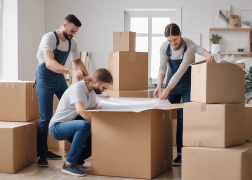 few movers packing and moving boxes in a room