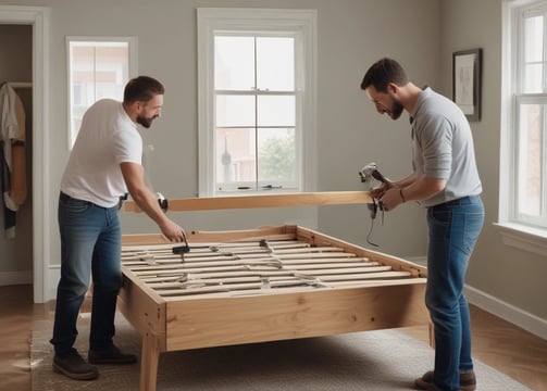 two men working on assemly of a bed in new home