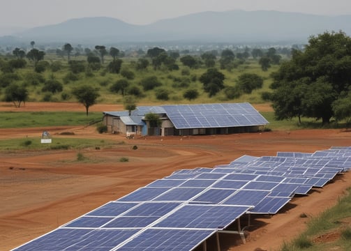 A landscape featuring a large solar panel array in the foreground, with a modern wind turbine to the left. Behind the renewable energy installations, an industrial facility with multiple chimneys and storage tanks is visible under a clear blue sky.