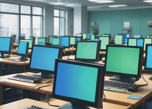 a row of computers with multiple monitors and monitors,