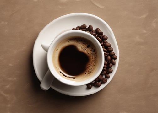 A stylish coffee counter featuring a modern espresso machine branded with 'Arabica'. Several stacks of brown paper cups are arranged on top of the machine. Wooden paneling and soft lighting create a cozy and inviting atmosphere, with a partial view of a person behind the counter.