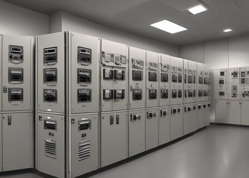 A large, industrial facility with multiple cylindrical metal tanks equipped with various pipes and valves. Control panels with lit indicators are mounted on the walls. A person in a reflective vest walks alongside a row of yellow safety railings.