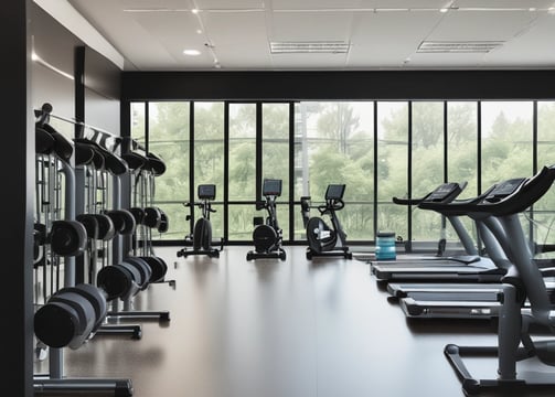 A gym room featuring several Cybex exercise machines arranged neatly. The machines are predominantly white with red seating, and the room has a clean, orderly appearance with overhead fluorescent lighting. The walls are a neutral color, and the flooring appears to be a mix of beige and light wooden tones.