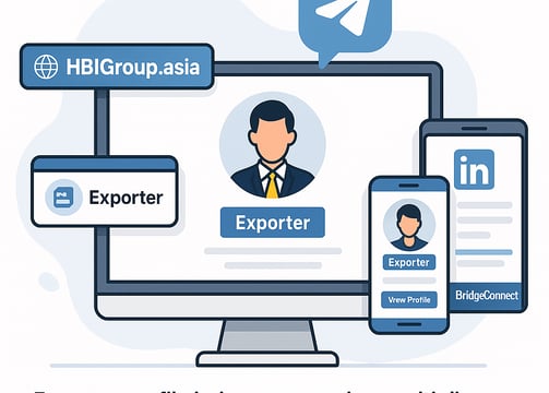 Illustration of an exporter profile displayed across multiple platforms including HBIGroup.asia, Telegram, LinkedIn, and Brid