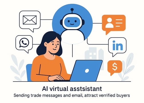 Illustration of a female exporter using a laptop while an AI assistant sends trade messages via email, WhatsApp, and LinkedIn