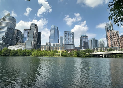 Numerous banks operate within the Austin downtown area skyline shown here from across town lake