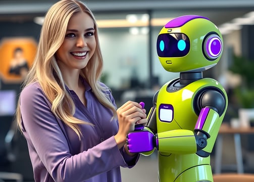 a woman in a purple shirt is holding a purple ai chatbot hand. 