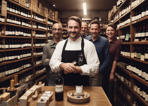 foto de um empresário em sua loja com seus 4 funcionários
