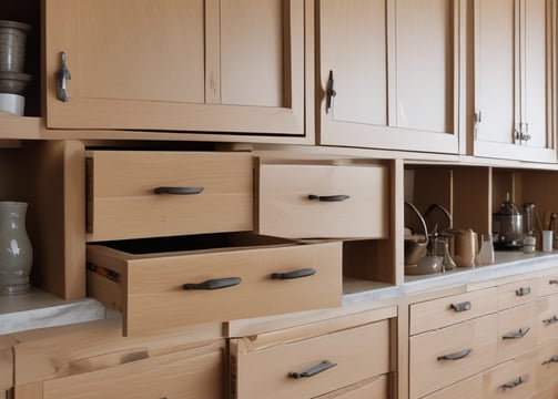 A close-up view of wooden drawers with a natural, smooth finish. The grain pattern is visible on the surface, contributing to the texture and warmth of the wood.