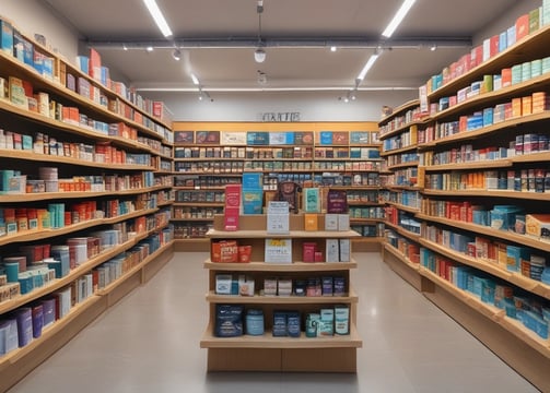 A shelf filled with various branded products, including colorful cereal boxes on the top shelf labeled as Froot Loops with Marshmallows. The middle shelf features a pair of multicolored sneakers positioned above a Nike SB shoebox, surrounded by red boxes labeled Supreme and Ziploc. The bottom shelf displays two caps, multiple boxes of Reese's Puffs cereal, a small bowl, and a blue Pepsi bottle to the left with a green 7up bottle to the right. The entire display is illuminated with LED lights, creating a vibrant and energetic atmosphere.