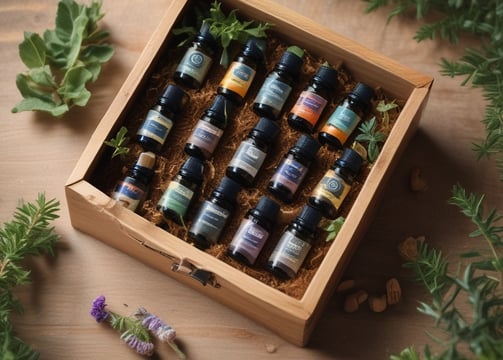 A set of essential oil bottles arranged on a textured white surface. The bottles are colorful, each labeled with a different name. Surrounding the bottles is a rustic, wooden sign with an arrow and the words 'Be holy' inscribed. A glass vase with branches, a metallic vase with dried flowers, and a decorative candle holder are also present on a floral-patterned cloth.