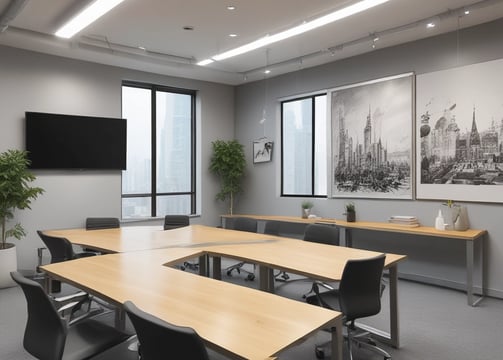 The room is a well-lit conference or training room with several rows of desks, each equipped with computer monitors and ergonomic chairs. A large projector screen is mounted on the beige wall, flanked by two plants. The room is illuminated by a grid of ceiling lights, and a whiteboard stands in the corner.