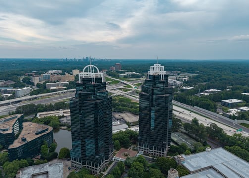 King and Queen Towers from a distance. City of Atlanta in the background