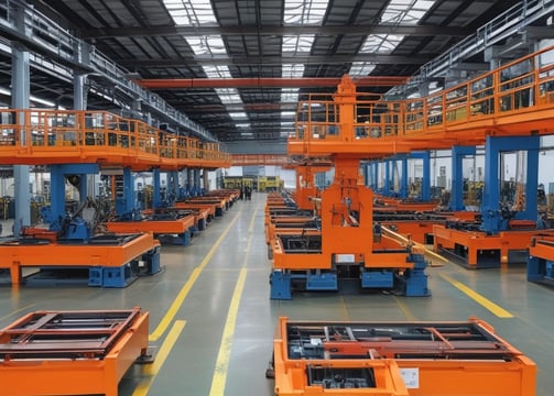 A section of an industrial machine, featuring metal components and a mechanism for processing or assembling parts. The setup includes wiring and a slanted metal panel, with a robotic element prominent in the background.