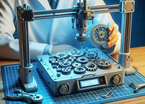 WIKXY Grey coloured, taylormade 3D printed gears on the 3D printer's table. Available at WIKXY 3D Printing in Stoke-on-Trent.
