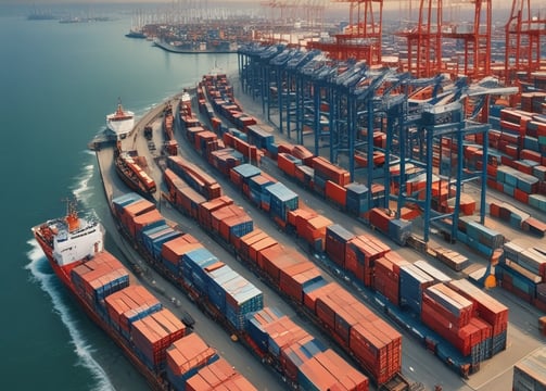 A large cargo ship loaded with colorful shipping containers is docked at a busy industrial port. Several towering cranes in blue and red are actively engaged in loading or unloading the containers onto the ship. The port is filled with stacks of containers, showcasing a bustling hub of maritime trade.