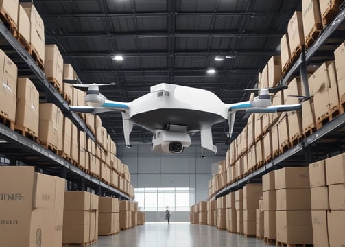 A drone is hovering in the foreground against a backdrop of a clear blue sky and a bright turquoise ocean. The design of the drone is sleek and modern, featuring a camera on its underside. The water and sky create a serene and expansive atmosphere.