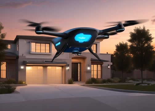 A drone is flying in the foreground with its wings extended, set against a blurred urban backdrop featuring tall buildings under a clear blue sky.