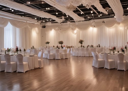 An elegant indoor event setup features a long aisle flanked by white arches adorned with vibrant floral arrangements. The seating area is arranged with chairs covered in white and peach fabric, leading up to a stage draped in golden and yellow fabrics. The stage is decorated with floral arrangements and lit candles, creating a sophisticated and warm atmosphere.