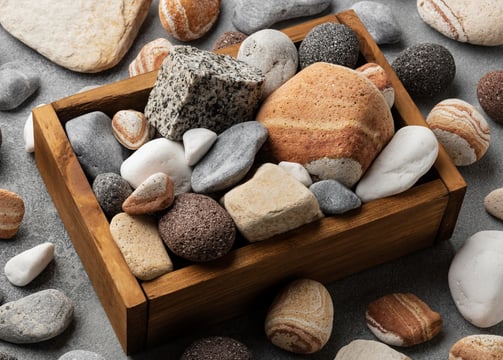 wooden box with rocks