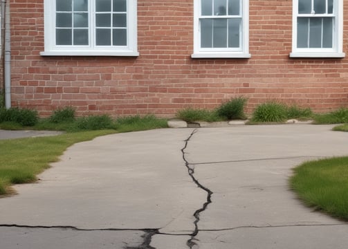 Cracked pavement exposes red bricks beneath, with surrounding asphalt showing signs of wear and decay.