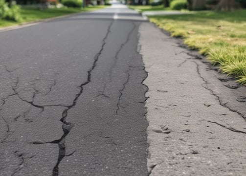Cracked asphalt pavement with visible underlying stones and gravel. A small patch of green vegetation emerges through the cracks. The surface has a rough, uneven texture with varying shades of gray.