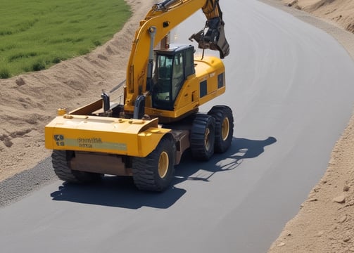 A collection of heavy machinery, including excavators and bulldozers, arranged on a gravel lot under a clear blue sky. The machines are predominantly yellow and have visible brand markings.