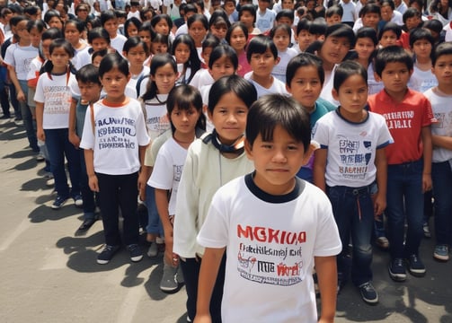 A group of children and adults are holding up various signs advocating for disability rights and inclusion in sports. The signs have messages like 'We want unified sports in the Paralympics to mainstream disability,' 'Support disability rights,' 'Don't look at the less, look at the records,' and 'Yes I can.' The participants are wearing blue shirts with orange and red lettering and are standing on an outdoor street with trees and buildings in the background.