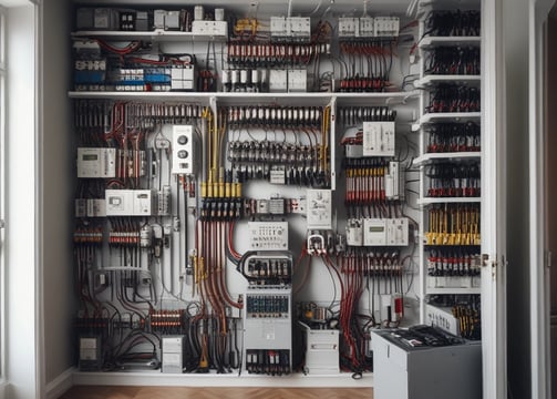 An industrial setting with exposed electrical equipment housed against a brick wall. The equipment consists of various transformers, circuit breakers, and wiring, enclosed within metal racks. A warning sign in a triangle is prominently displayed, indicating high voltage, and is written in Chinese. The scene has an abandoned and slightly rustic feel, with some rust and overgrown plants visible.