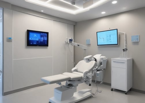 A dentist and a patient are in a dental office. The dentist, wearing scrubs, is pointing at a laptop on a mobile dental unit. The patient, seated in the dental chair, is looking at the screen with a smile. The room contains dental equipment and art featuring teeth on the wall.