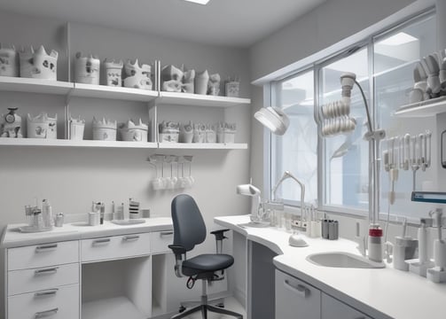 A modern dental clinic room featuring a dentist's chair with purple upholstery and an adjacent matching stool. The room is equipped with dental instruments, an overhead examination light, and a wall-mounted monitor. The walls are adorned with neutral-colored blinds, and there is an air conditioning unit above the equipment. The floor is polished, adding to the clean and sterile atmosphere.