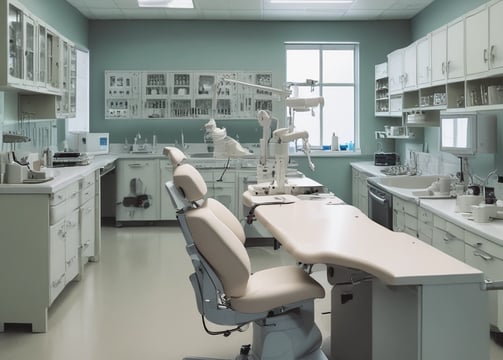 A person in a blue shirt with the logo 'Angels for Humanity' provides dental care to a young patient lying on a dental chair. The setting appears to be a makeshift dental clinic with blue medical equipment and supplies on tables. Other team members in similar attire are visible in the background, some attending to other patients.