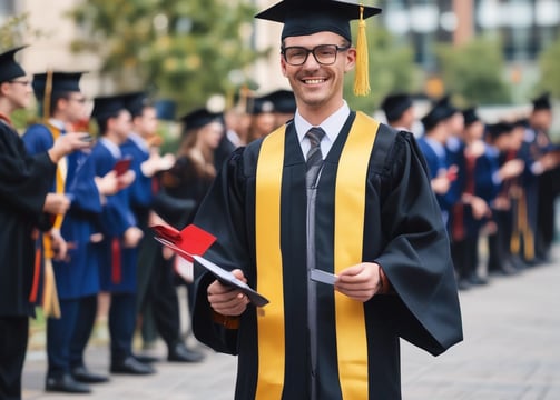 A person wearing a maroon graduation cap and gown with a bright yellow stole stands outdoors. The individual is holding the end of the stole, which features a university seal. The background includes modern buildings and tall cacti.