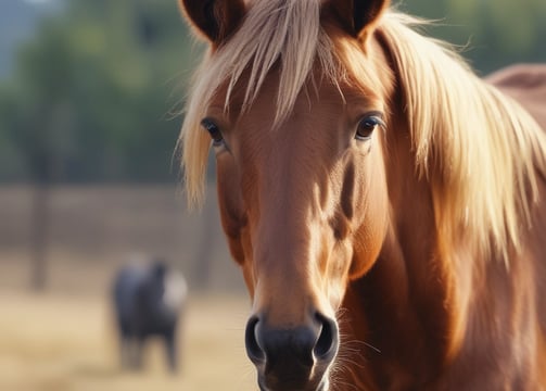 A white horse with a speckled coat is wearing a harness and standing in a sheltered area within a pen. The background includes a blurred view of greenery and bright flowers, suggesting an outdoor environment.