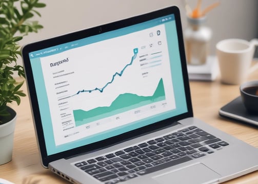 A laptop on a wooden desk displays a web application interface featuring graphs and statistics. Beside it, a large monitor shows a webpage promoting an all-in-one meeting app. A cup with a recognizable green and white logo sits on the desk.
