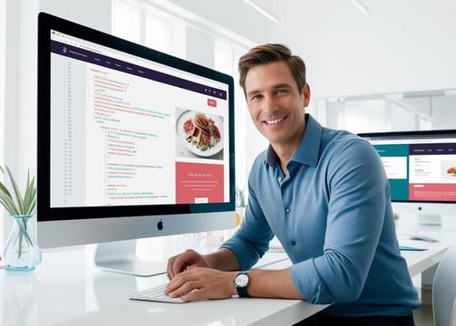 a man sitting at a desk with a computer monitor and a keyboard