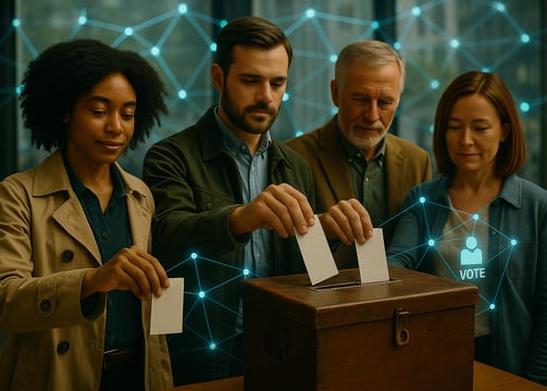 Four diverse citizens cast paper ballots into a traditional wooden ballot box, representing the final use of the old voting s