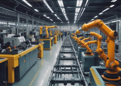 The interior of a factory or assembly line is visible, with several workstations lined up neatly. Each station contains white plastic enclosures with electronic components inside, suggesting an electronic manufacturing or assembly process. Overhead lighting and blue tool boards are present, with some orange coiled cords hanging down.