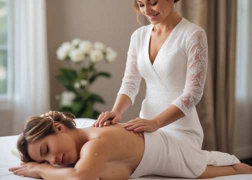 A person is lying face down on a comfortable surface, receiving a massage from another individual's hands. The setting appears calm and serene, with soft lighting enhancing the relaxed atmosphere. The person receiving the massage has closed eyes, indicating a state of relaxation.